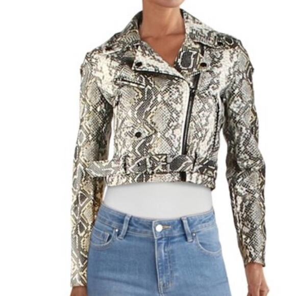 Aqua Women's Black/Gray/Cream Snakeskin Faux Leather Motorcycle Jacket Sz L - Picture 6 of 7